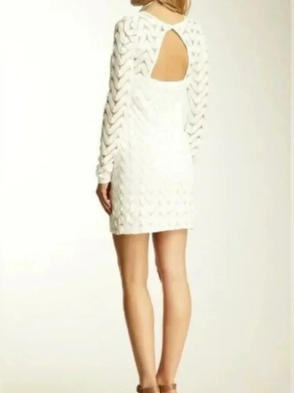 Free People Wild Thing Dress Sz M White Chevron Pattern Open Back Crochet L/S